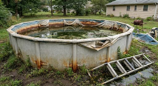 Above-ground pool before removal in a Connecticut backyard