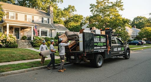 Heavy-duty junk removal crew loading furniture in front of a Connecticut home